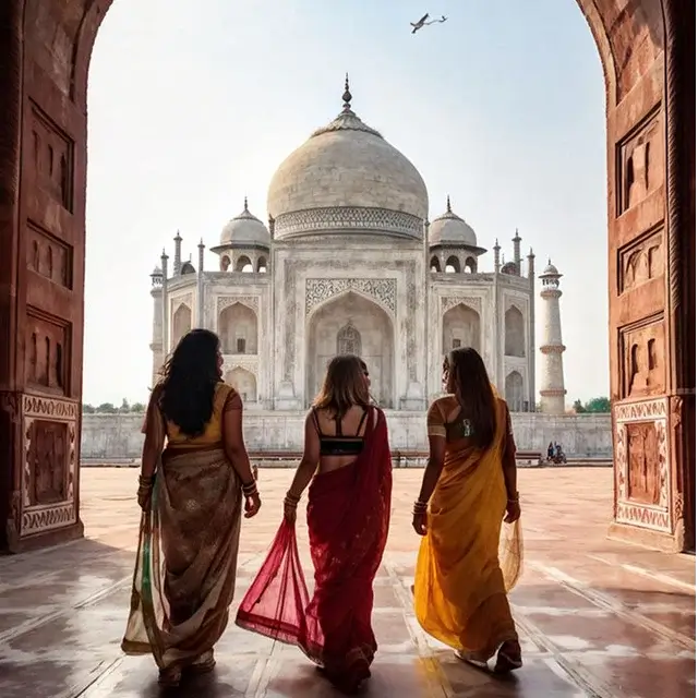 3 women looking at the Taj Mahal in India wearing tradition Indian dress