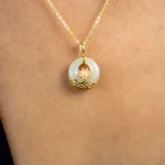 White Jade Necklace Lotus Flower Pendant: Dainty and Minimalist Sterling Silver with 14K Gold Plating