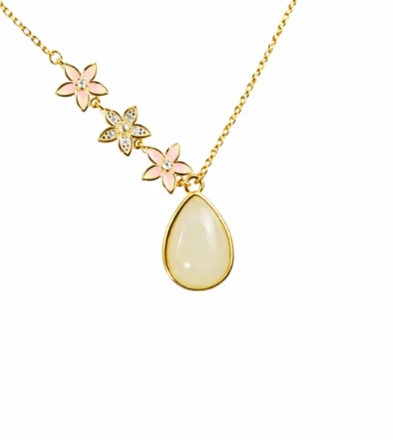 Jade Necklace Gold Chain Flowers Side Front white background