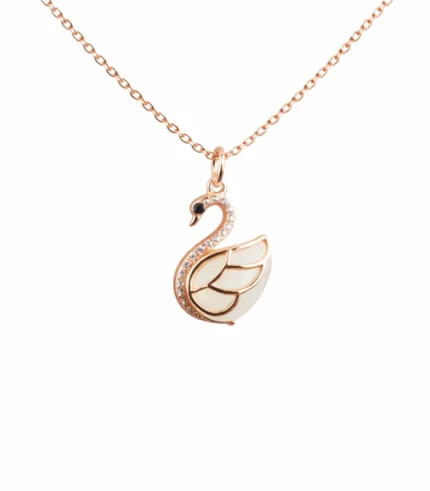 jade necklace swan rose gold chain white background