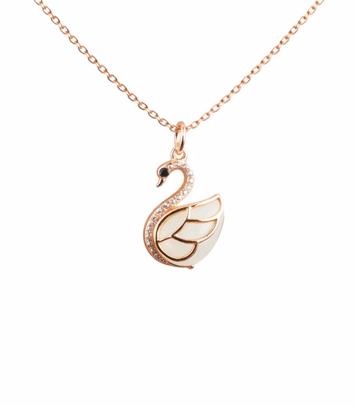 jade necklace swan rose gold chain white background
