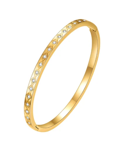 gold bangle bracelet with diamond pattern CZ crystals in 18K gold plated stainless steel