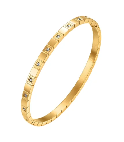 gold bangle bracelet with square tile pattern and CZ crystals in 18K gold plated stainless steel