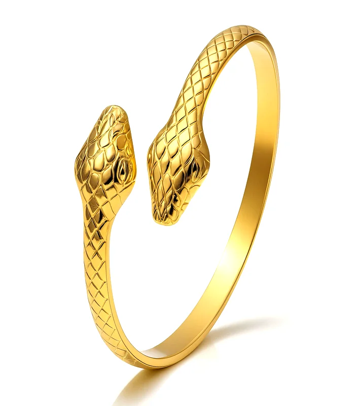 88614_front gold double snake head cuff bracelet 18K gold plated stainless steel