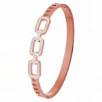 rose gold bangle bracelet with three open rectangular crystal link frames in rose gold plated stainless steel