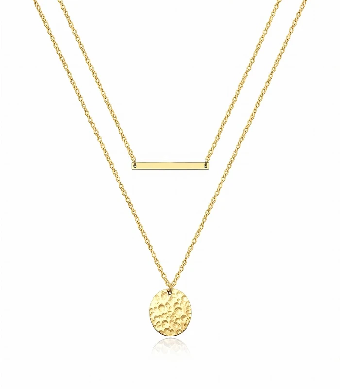 87138-Front 2-layer gold bar and coin pendant necklace set in 18K gold plated stainless steel