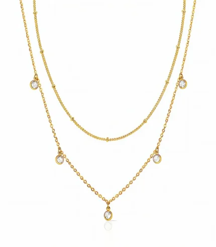 2-layer gold crystal drop necklace set in 18K gold plated stainless steel