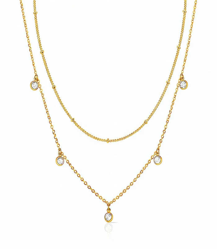 87194-Front 2-layer gold crystal drop necklace set in 18K gold plated stainless steel