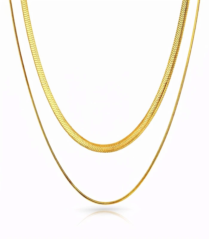 87287-Front 2-layer gold herringbone necklace set in 18K gold plated stainless steel