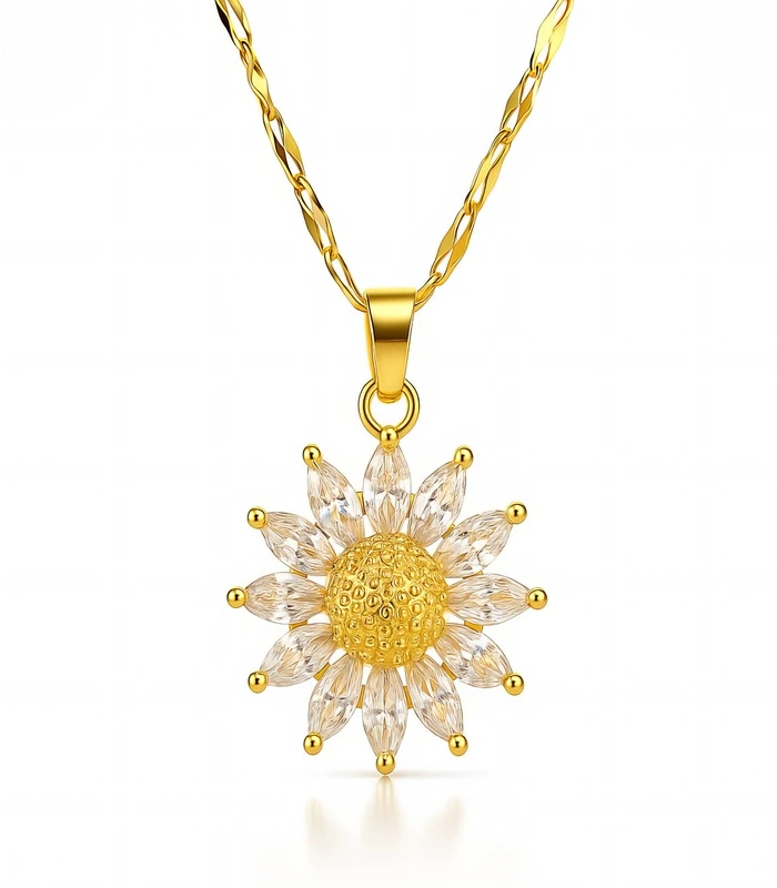 gold sunflower crystal pendant necklace in 18K gold plated stainless steel