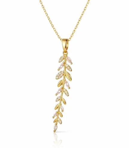 gold crystal leaf pendant necklace in 18K gold plated stainless steel