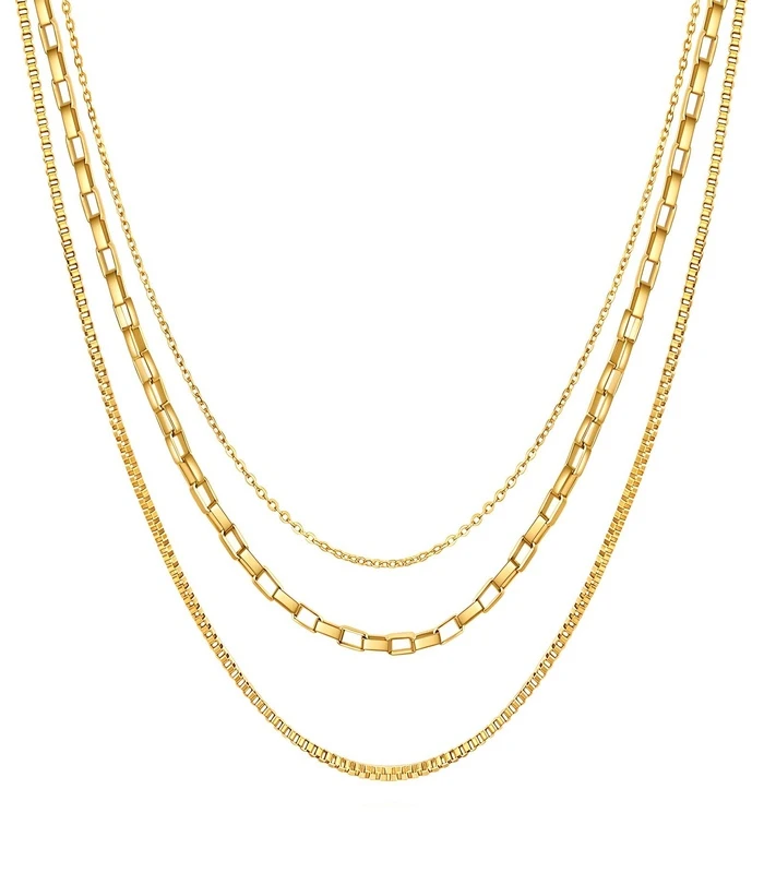 87452-Front 3-layer gold chain necklace set in 18K gold plated stainless steel