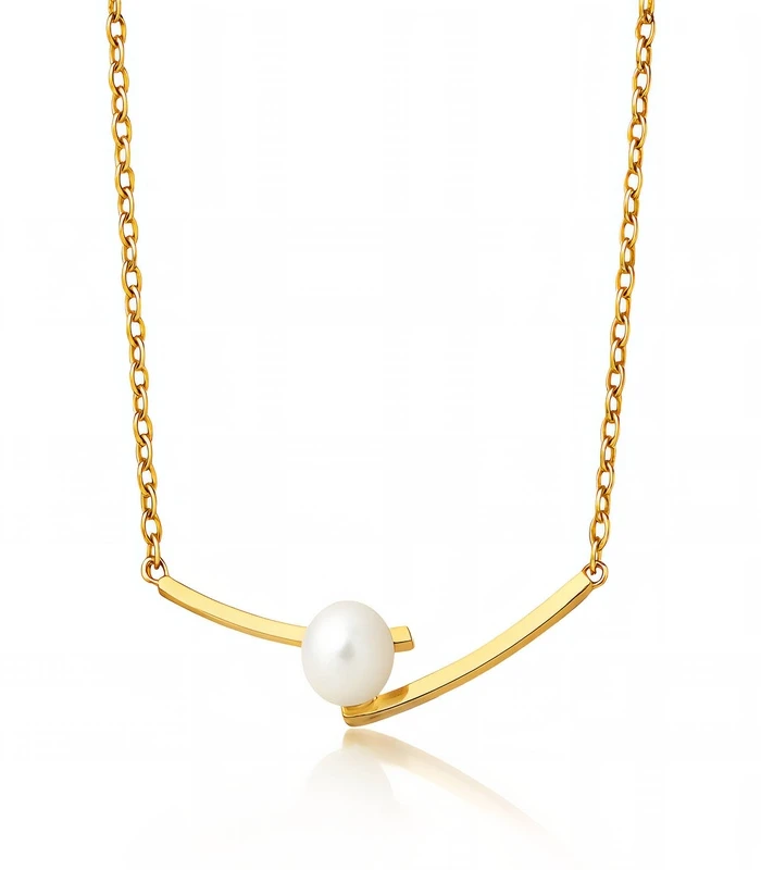 87769-Front gold bar and pearl pendant necklace in 18K gold plated stainless steel