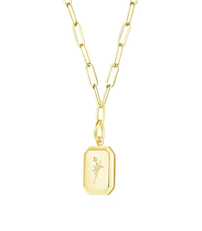 87810-Front gold botanical tag pendant necklace in 18K gold plated stainless steel