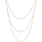 3-layer tri-tone beaded chain necklace set in 18K gold plated stainless steel