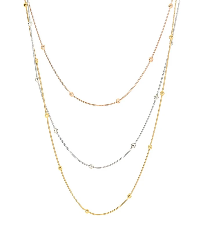 87941-Front 3-layer tri-tone beaded chain necklace set in 18K gold plated stainless steel