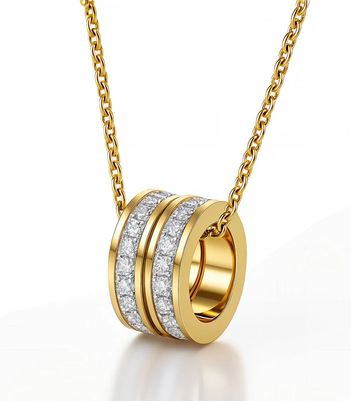88152-Front gold crystal barrel pendant necklace in 18K gold plated stainless steel