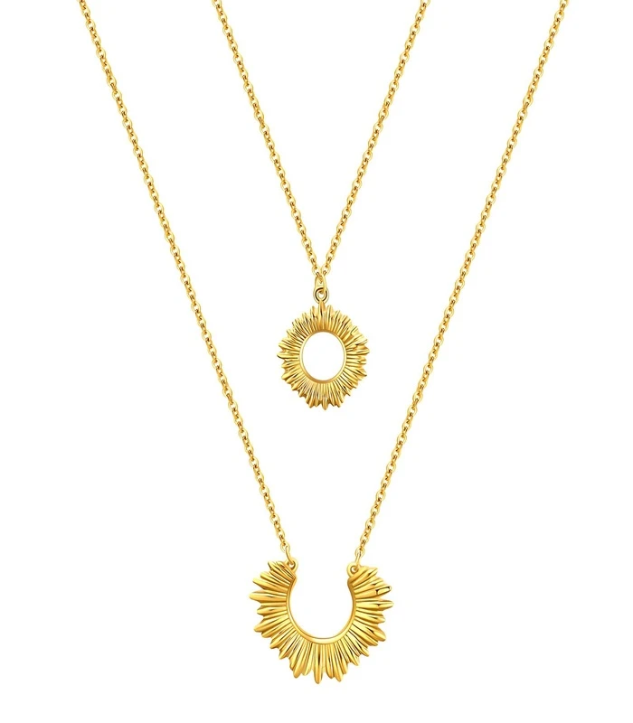 88224-Front 2-layer gold sunburst necklace set in 18K gold plated stainless steel