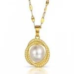 gold pearl crystal halo pendant necklace in 18K gold plated stainless steel