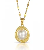 gold pearl crystal halo pendant necklace in 18K gold plated stainless steel