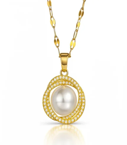 gold pearl crystal halo pendant necklace in 18K gold plated stainless steel