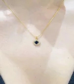 Gold Blue Stone Halo Pendant Necklace - Image 3