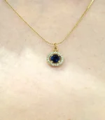 Gold Blue Stone Halo Pendant Necklace - Image 4