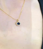 Gold Blue Stone Halo Pendant Necklace - Image 5