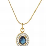 gold blue stone halo pendant necklace in 18K gold plated stainless steel