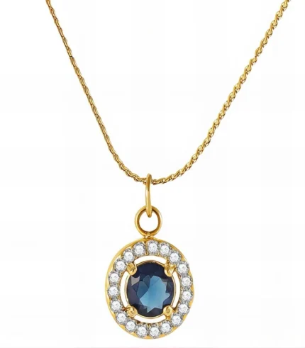 gold blue stone halo pendant necklace in 18K gold plated stainless steel