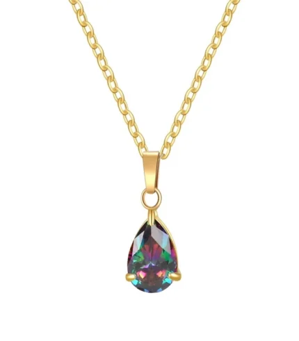 gold rainbow mystic crystal pear pendant necklace in 18K gold plated stainless steel
