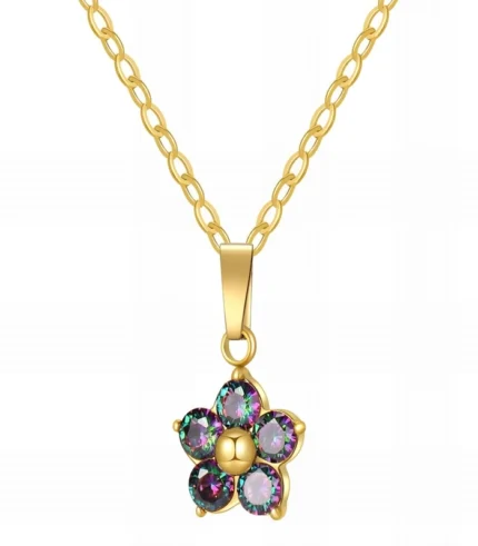 gold rainbow crystal flower pendant necklace in 18K gold plated stainless steel