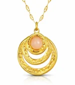 gold ornate concentric disc pendant necklace with peach stone in 18K gold plated stainless steel