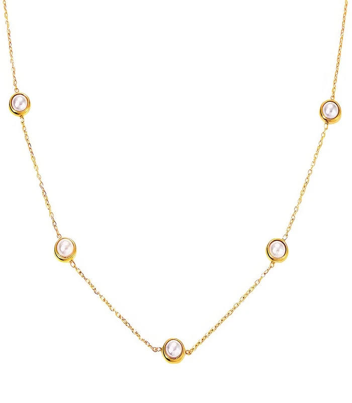 90251-Front gold 5-pearl station necklace in 18K gold plated stainless steel