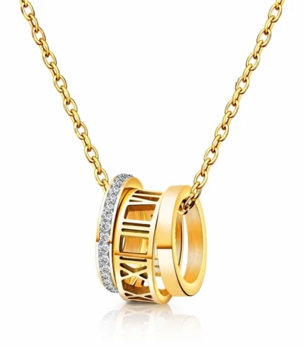 gold roman numeral barrel pendant necklace in 18K gold plated stainless steel