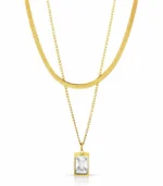 2-layer gold flat chain and crystal rectangle necklace set in 18K gold plated stainless steel