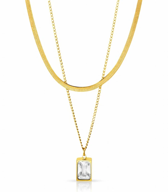90266-Front 2-layer gold flat chain and crystal rectangle necklace set in 18K gold plated stainless steel