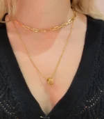 2-Layer Gold Open-Link Chain and Triple Ring Pendant Necklace Set - Image 3