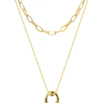 2-layer gold open-link chain and triple ring pendant necklace set in 18K gold plated stainless steel