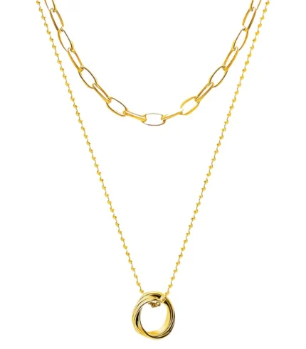 2-layer gold open-link chain and triple ring pendant necklace set in 18K gold plated stainless steel