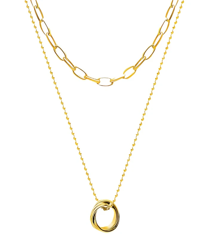 90304-Front 2-layer gold open-link chain and triple ring pendant necklace set in 18K gold plated stainless steel