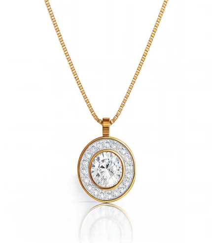 gold large crystal halo round pendant necklace in 18K gold plated stainless steel