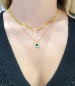 3-Layer Gold Flat Chain, Crystal Drop, and Emerald Crystal Pendant Necklace Set - Image 3