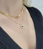 3-Layer Gold Flat Chain, Crystal Drop, and Emerald Crystal Pendant Necklace Set - Image 4