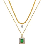 3-layer gold flat chain crystal drop and emerald crystal pendant necklace set in 18K gold plated stainless steel