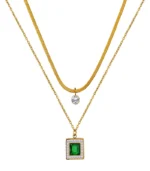 3-layer gold flat chain crystal drop and emerald crystal pendant necklace set in 18K gold plated stainless steel