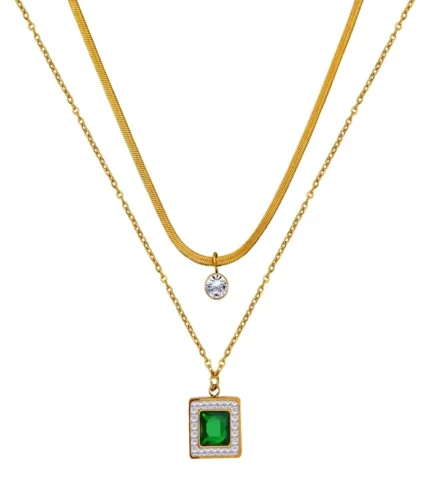 3-layer gold flat chain crystal drop and emerald crystal pendant necklace set in 18K gold plated stainless steel
