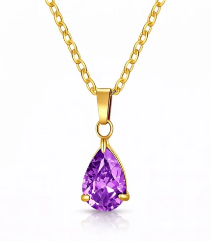 gold amethyst crystal pear drop pendant necklace in 18K gold plated stainless steel