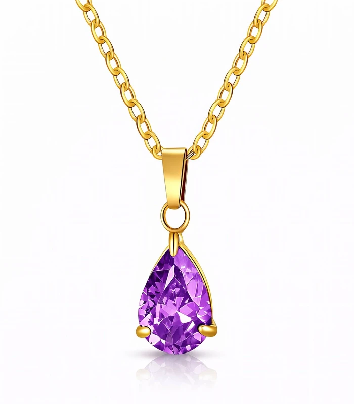 90495-Front gold amethyst crystal pear drop pendant necklace in 18K gold plated stainless steel