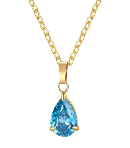 gold blue crystal pear drop pendant necklace in 18K gold plated stainless steel